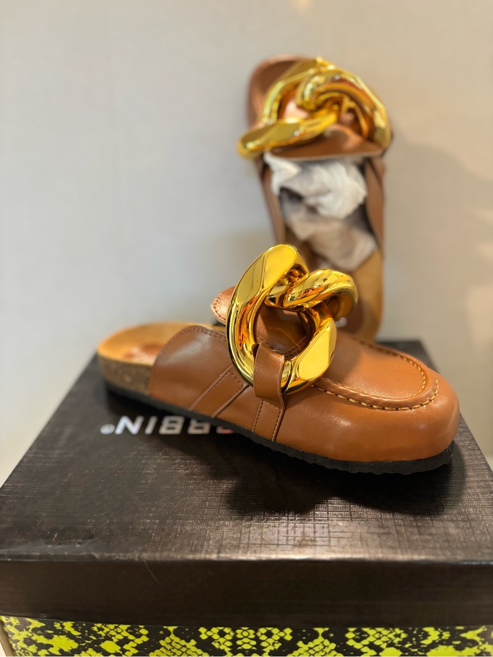 Brown Cape Robbin Slide Mules with Gold Chain Accent